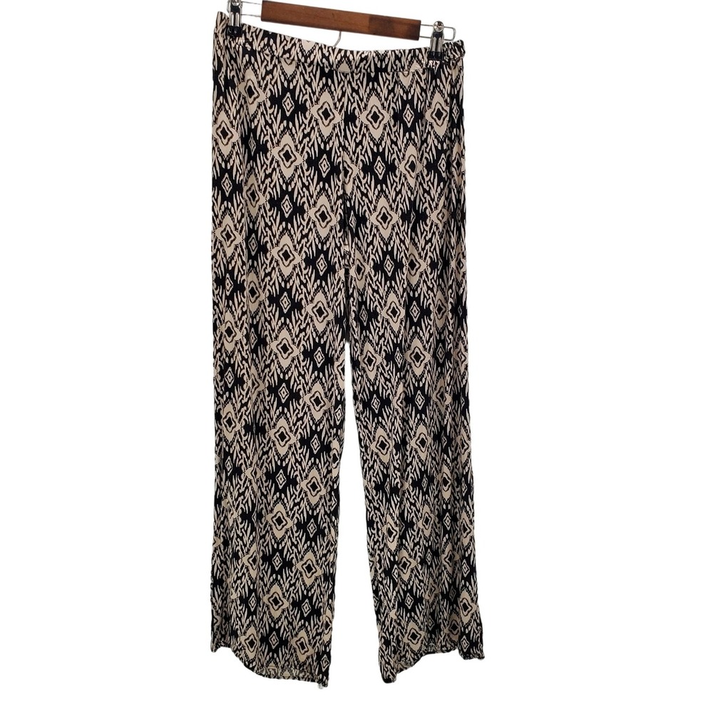 Womens XL Black Beige Abstract Print Wide Leg‎ Palazzo Pants Boho Festival